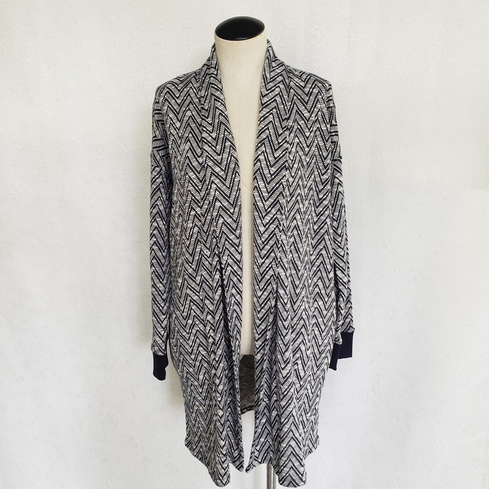 Jones New York Women Cardigan Size M Navy White Open Front Long Sleeve Sweater
